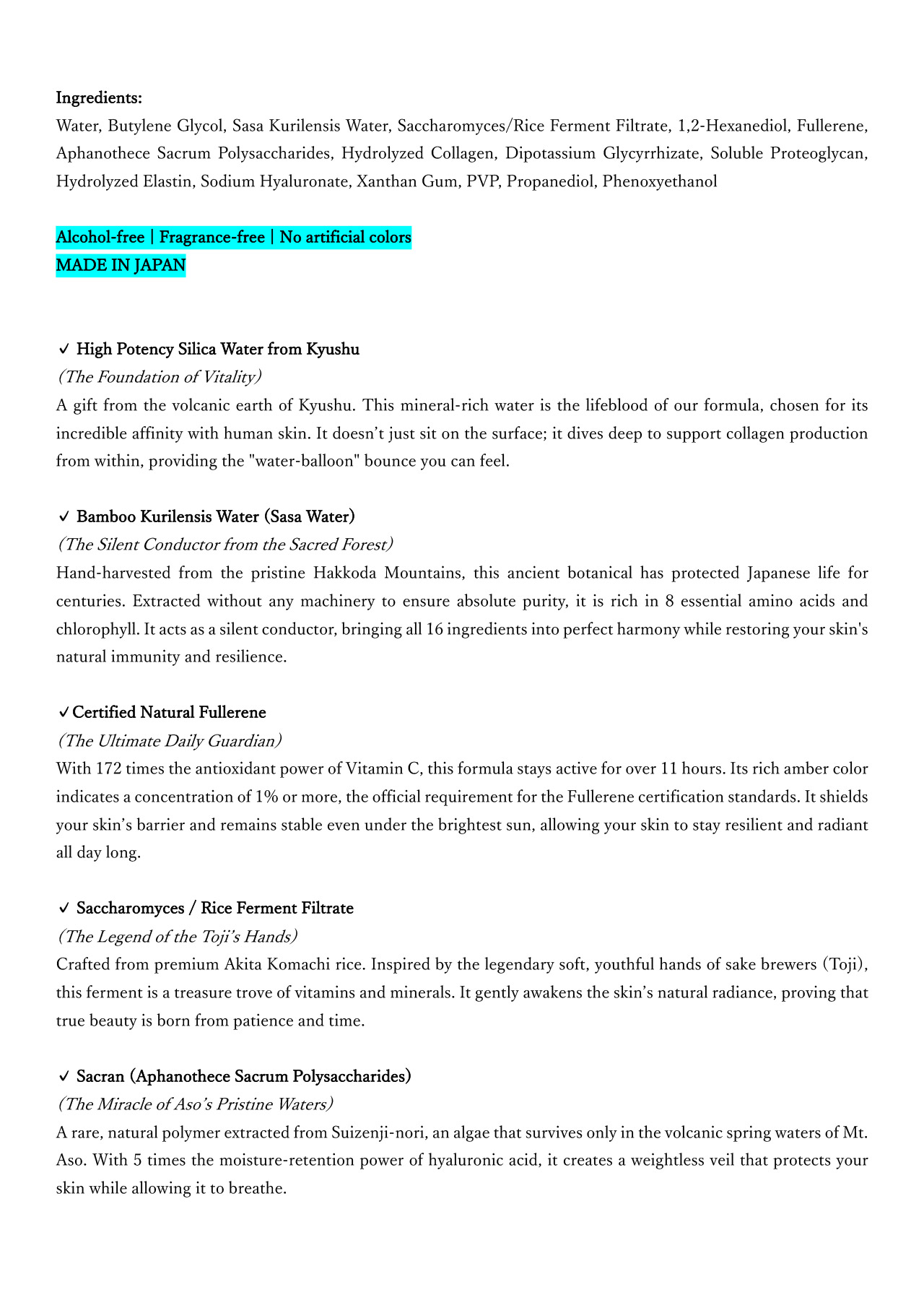 SOLA by AQUA LUNA — Product Specifications & Ingredients